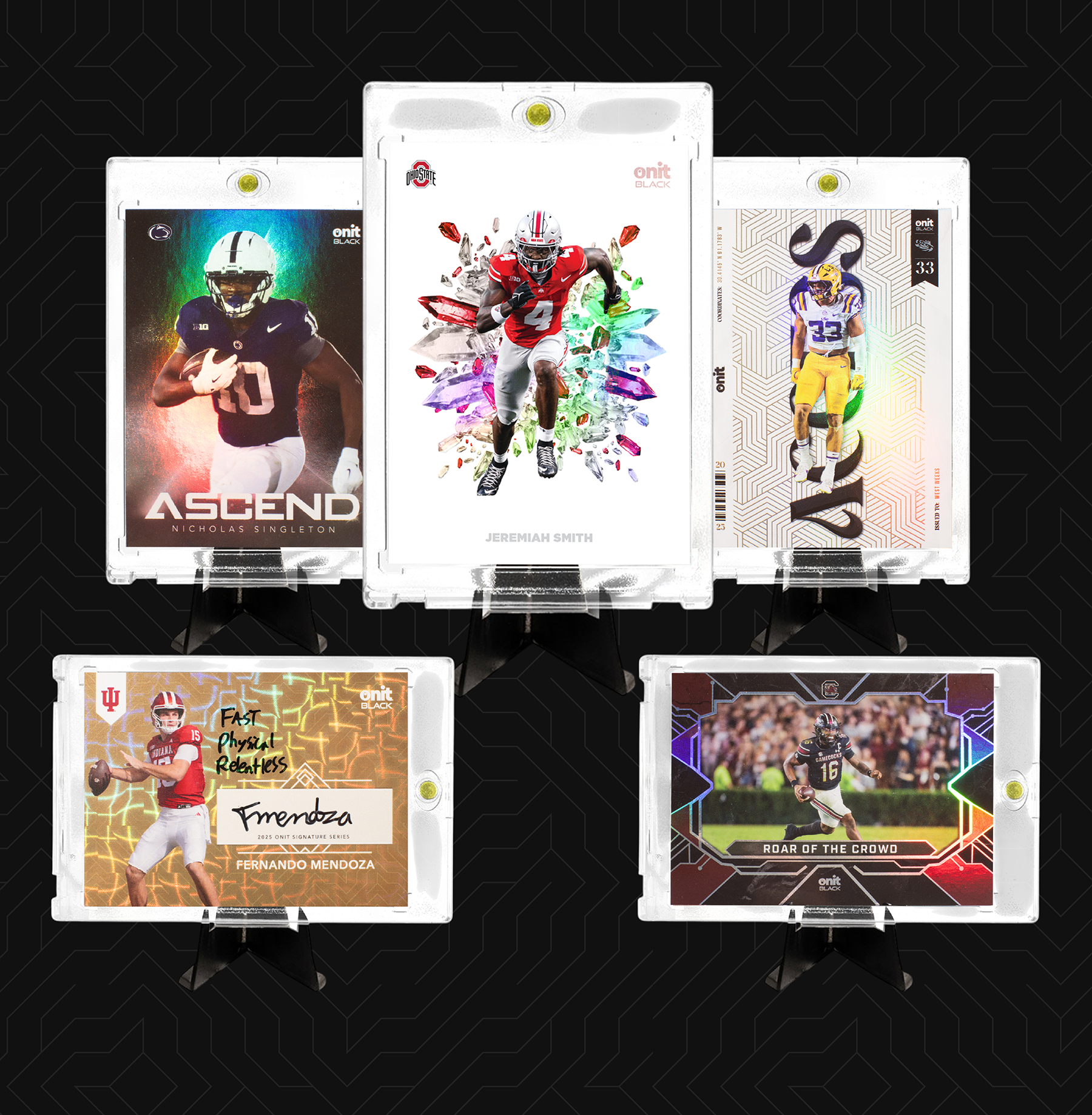 ONIT Black premium trading cards displayed in protective cases